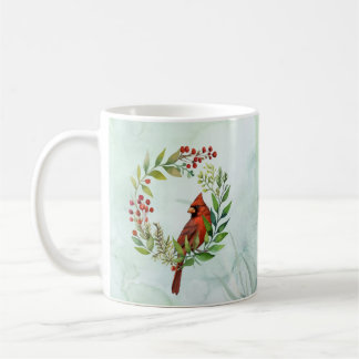 Watercolor Red Cardinal Bird Wreath Christmas Coffee Mug