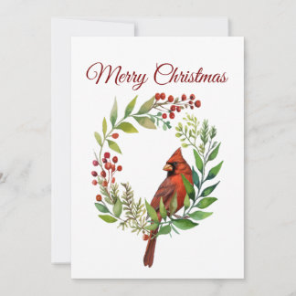 Watercolor Red Cardinal Bird Wreath Christmas Holiday Card