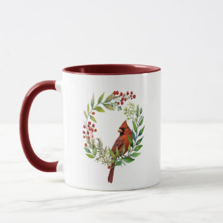 Watercolor Red Cardinal Bird Wreath Christmas Mug