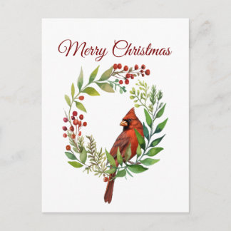 Watercolor Red Cardinal Bird Wreath Christmas Postcard