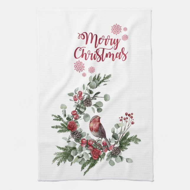 Watercolor Red Cardinal Bird Wreath  Kitchen Towel (Vertical)