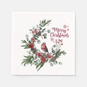 Watercolor Red Cardinal Bird Wreath   Napkins