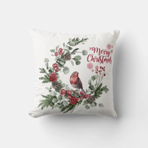 Watercolor Red Cardinal Bird Wreath Throw Pillow