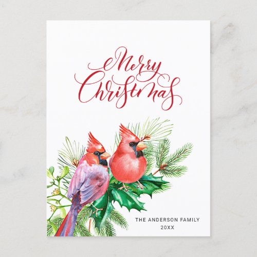 Watercolor Red Cardinal Christmas Greeting Holiday Postcard