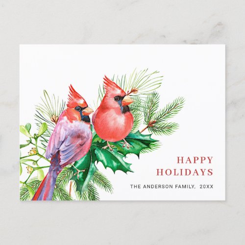 Watercolor Red Cardinal Christmas Greeting Holiday Postcard