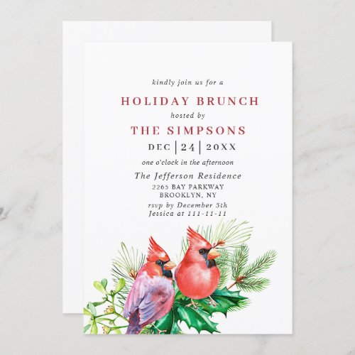 Watercolor Red Cardinal Christmas HOLIDAY BRUNCH Invitation