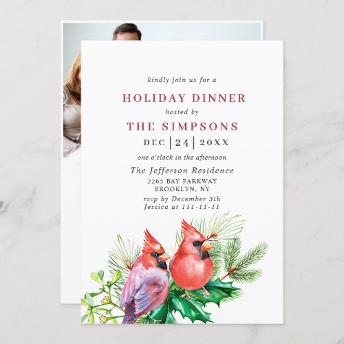 Watercolor Red Cardinal Christmas HOLIDAY DINNER Invitation