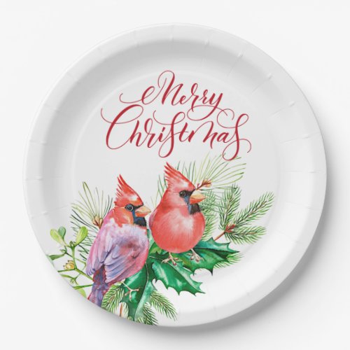 Watercolor Red Cardinal Christmas Holiday Paper Plates