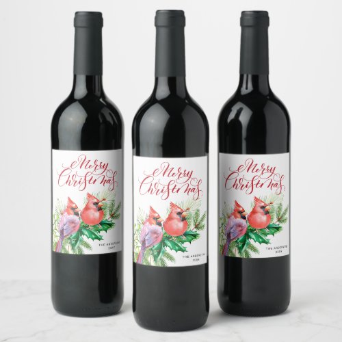 Watercolor Red Cardinal Christmas Holiday Wine Label
