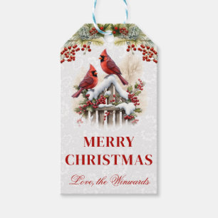 Watercolor Red Cardinal Couple Merry Christmas Gift Tags