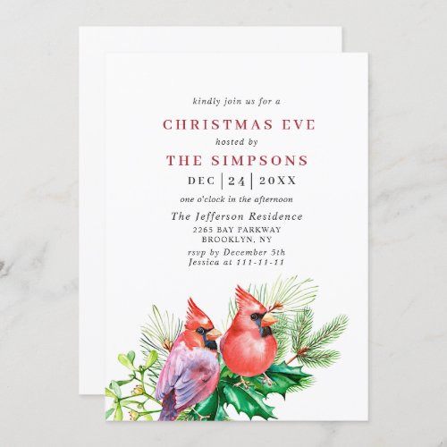 Watercolor Red Cardinal Holiday Christmas Eve Invitation
