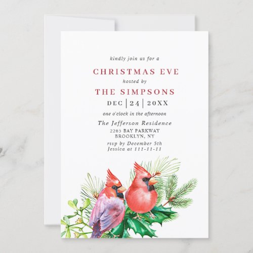 Watercolor Red Cardinal Holiday Christmas Eve Invitation