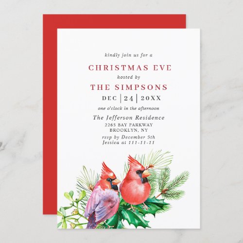 Watercolor Red Cardinal Holiday Christmas Eve Invitation