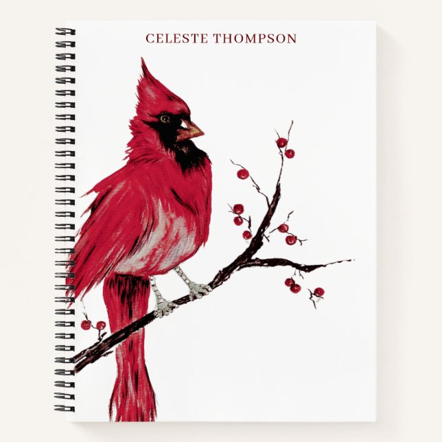 Watercolor Red Cardinal Personalize Notebook (Front)