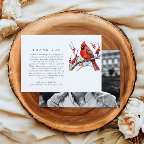 Watercolor Red Cardinal Photo Funeral Sympathy Thank You Card