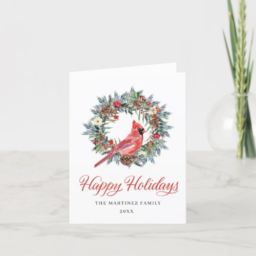Watercolor Red Cardinal Pine Wreath Christmas Holi Holiday Card