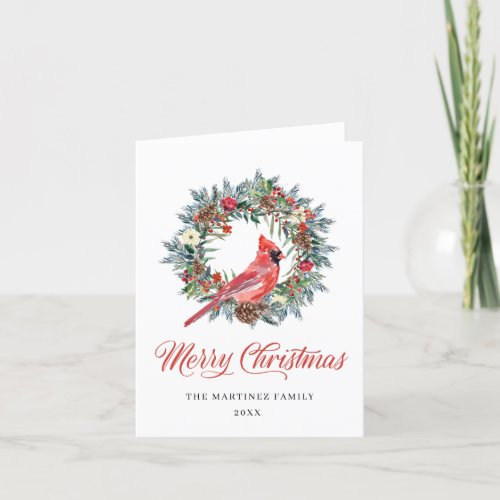 Watercolor Red Cardinal Pine Wreath Christmas Holiday Card