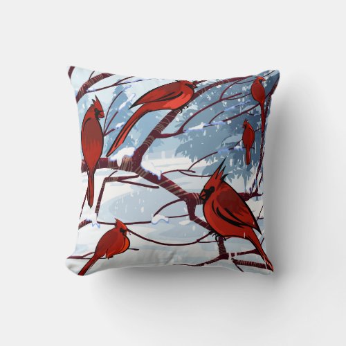 Watercolor Red Cardinals in Snow  Throw Pillow