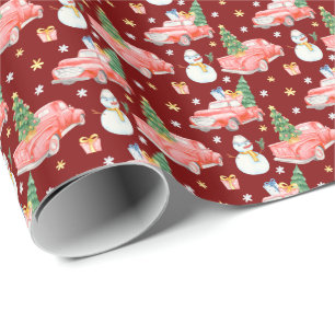 Watercolor Red Cars Christmas Trees and Snowmen Wrapping Paper