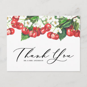 Watercolor Red Cherries and Blossoms Thank You Postcard