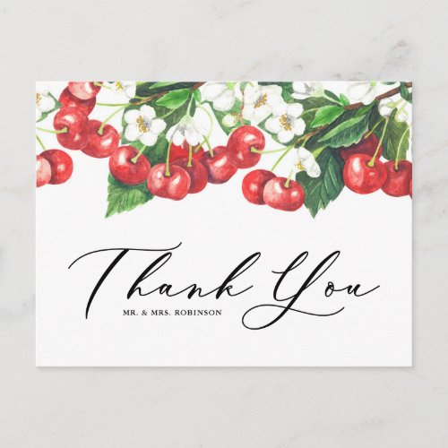 Watercolor Red Cherries and Blossoms Thank You Postcard