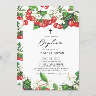 Watercolor Red Cherries Garland Baptism Invitation
