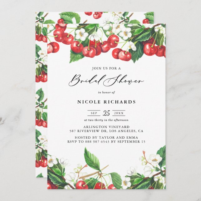 Watercolor Red Cherries Garland Bridal Shower Invitation (Front/Back)