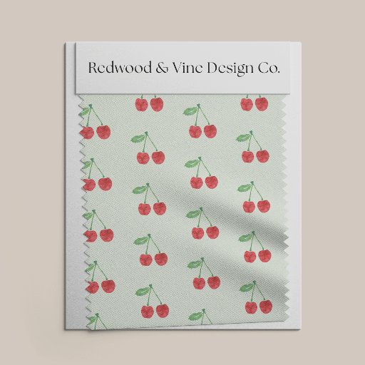 Watercolor Red Cherries on Pale Spring Green Fabric