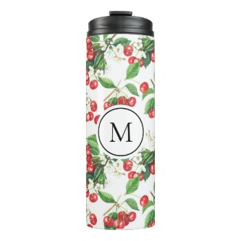 Watercolor Red Cherries Pattern Monogram Thermal Tumbler by KeikoPrints at Zazzle
