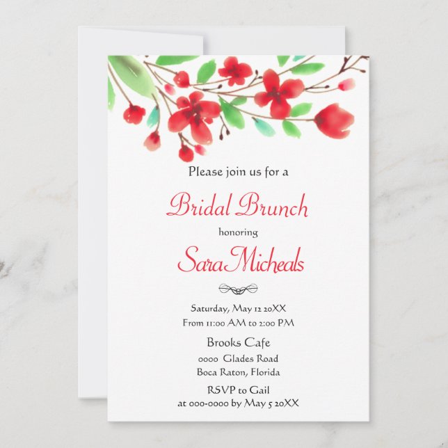 Watercolor Red Cherry Blossoms Bridal Brunch  Invitation (Front)
