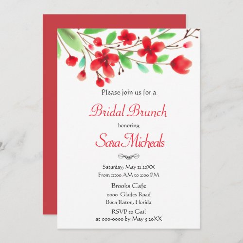 Watercolor Red Cherry Blossoms Bridal Brunch  Invitation