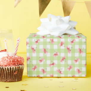Watercolor Red Cherry Pastel Lime Green Gingham Wrapping Paper
