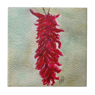 Watercolor Red Chile Ristra New Mexico Ceramic Tile