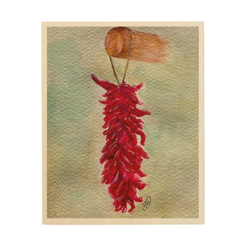 Watercolor Red Chile Ristra New Mexico Wood Wall Art