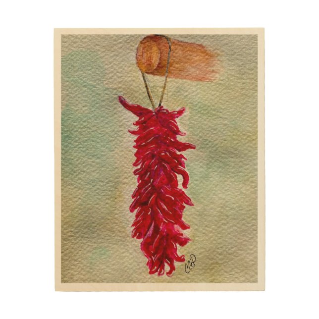 Watercolor Red Chile Ristra New Mexico Wood Wall Art (Front)