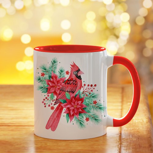 Watercolor Red Christmas Cardinal Bird and Florals Mug