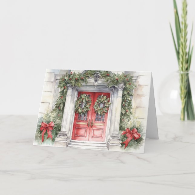 Watercolor Red Christmas Door  Holiday Card (Front)