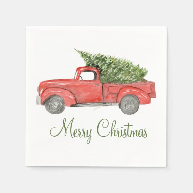 Watercolor Red Christmas Farm Truck  Napkins (Front)