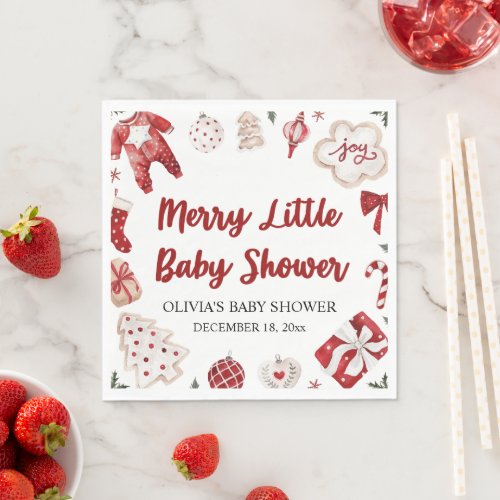 Watercolor Red Christmas Merry Little Baby Shower Napkins