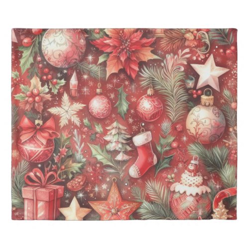 Watercolor Red Christmas Motifs Holiday Birds Duvet Cover