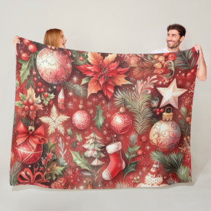 Watercolor Red Christmas Motifs Holiday Birds Fleece Blanket