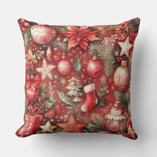 Watercolor Red Christmas Motifs Holiday Birds Throw Pillow (Front)