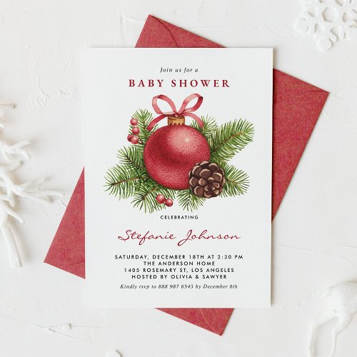 Watercolor Red Christmas Ornament Baby Shower Invitation