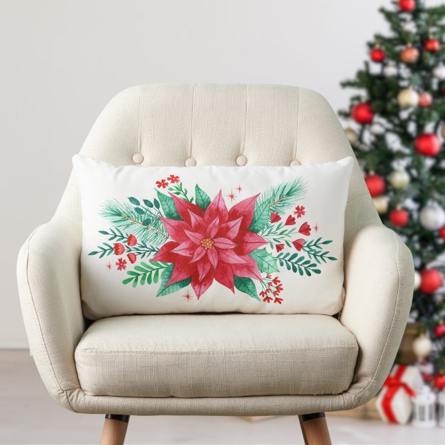 Watercolor Red Christmas Poinsettia Flower  Lumbar Pillow (Watercolor Christmas Poinsettia Flower Lumbar Pillow)