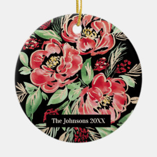Watercolor red Christmas Roses - flower design Ceramic Ornament