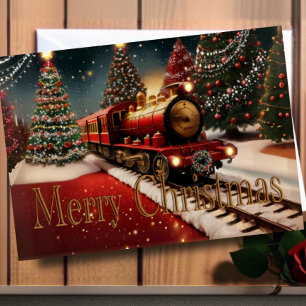 Watercolor Red Christmas Train Holiday Photo Car Card