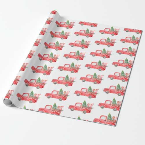 Watercolor Red Christmas Truck Wrapping Paper