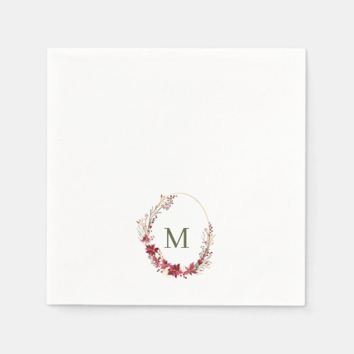 Watercolor Red Christmas Wreath Monogram Napkins