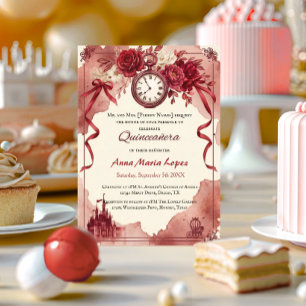 Watercolor red Cinderella theme quinceanera Invitation