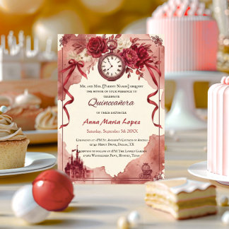 Watercolor red Cinderella theme quinceanera Invitation